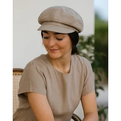 Elorine Linen Newsboy Cap in Taupe - Mtm Reference: 11502 | Traclet Hat Shop