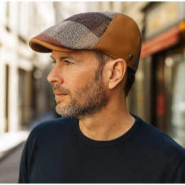 Flat Cap Bolzane Leather & Wool Patchwork Cognac - Fléchet
