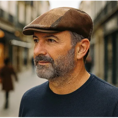 Bolzane Flat Cap Brown Leather & Wool Patchwork - Fléchet Reference: 22375| Traclet Hat Shop
