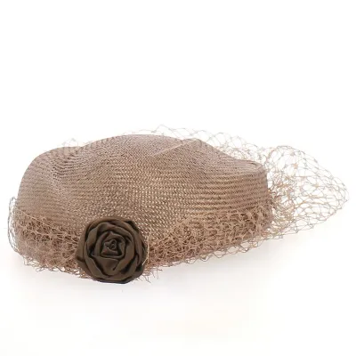 Taupe ceremonial tambourine with its veil and rose - Chapellerie Traclet - France Reference: 22662 | Chapellerie Traclet