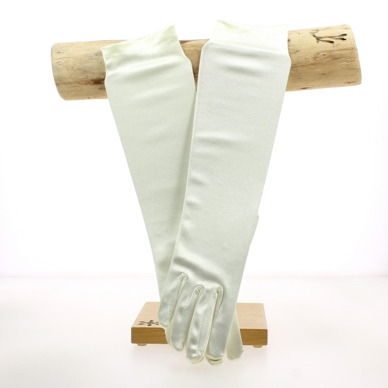 Mid-long gloves in shiny lycra (white or cream color) - Chapellerie Traclet - France