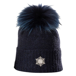Betty Wool Fur Pompom Beanie Navy Blue - Kristo
