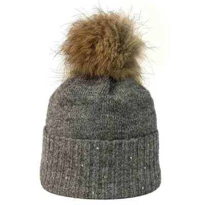 Bettina Gray Fur Pompom Beanie - Kristo ref 22913 chapellerie traclet