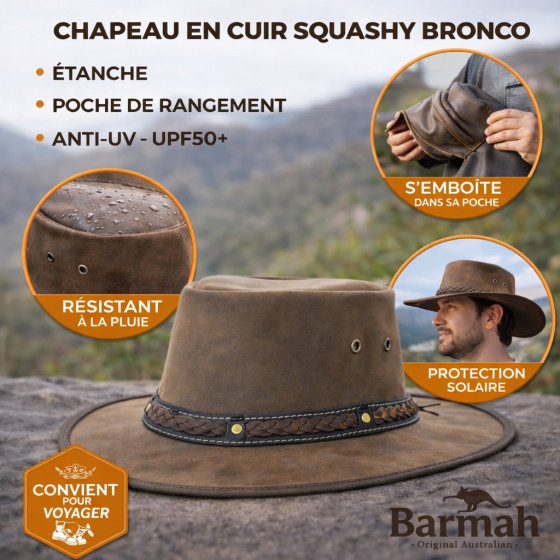 Squashy UPF 50+ Bronco Brown Leather Hat - Barmah