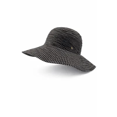 Sun Hat - Black Scrunchie Wide-brim Hat with white polka dots UPF 50+ - House Of Ord