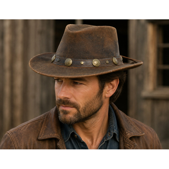 Traveller Crackled Brown Leather Hat - Bullhide