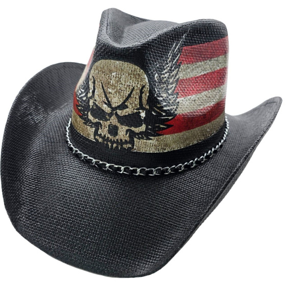 Chapeau Cowboy Dangerous Skull USA Paille Noir - Traclet