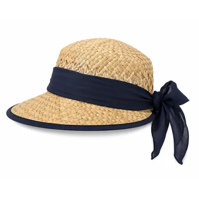 Casquette Grande Visière Catane Paille avec bande bleu marine