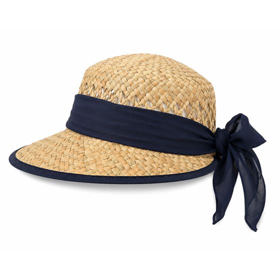 Casquette Grande Visière Catane Paille avec bande bleu marine