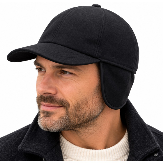 Bergen Black Wool Baseball Cap with Ear Flaps - Traclet
