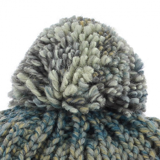 Bonnet Agrume bleute à Pompon-rayure turquoise gris jaune moutarde Bonnet Agrume bleute à Pompon-rayure turquoise gris jaune moutarde