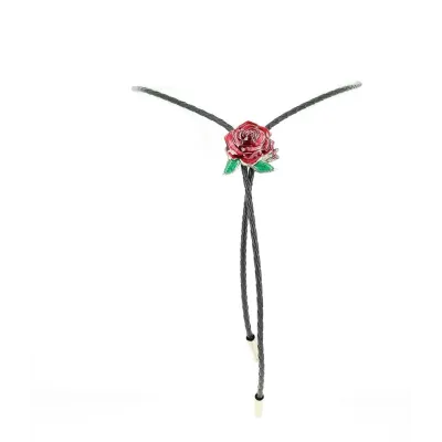 bolo tie argenté - motif rose rouge Reference : 1031 | Chapellerie Traclet