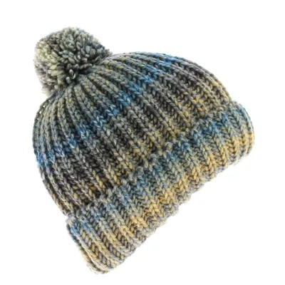 Bluish Citrus Beanie with Pompom, Turquoise, Gray, and Mustard Yellow Stripes Reference: 4439 | Traclet Hat Shop