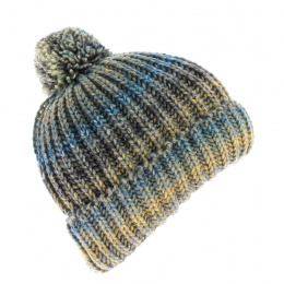 Bluish Citrus Beanie with Pompom - turquoise, gray, and mustard yellow stripes