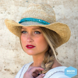 Chapeau Cowboy Castaway Raffia Naturel/Turquoise - Rigon Headwear