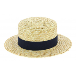 Children's Natural Straw Boater Hat Navy-Blue - Traclet