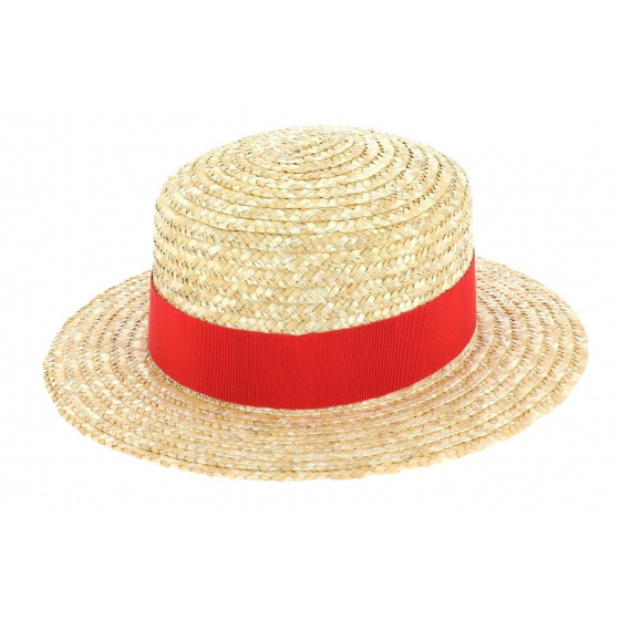 Children's Natural Straw Boater Hat Red - Traclet