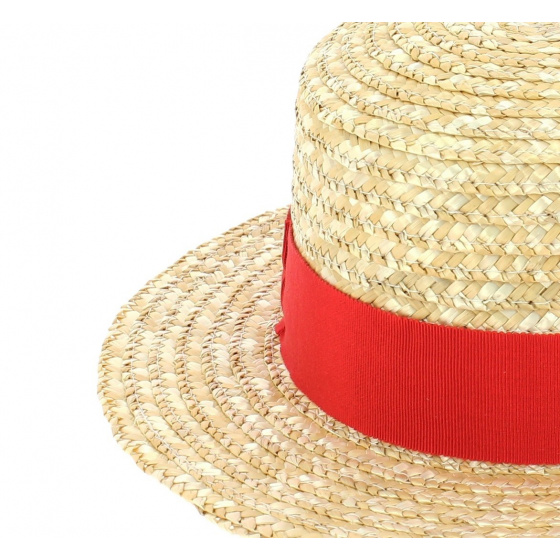 Children's Natural Straw Boater Hat Red - Traclet