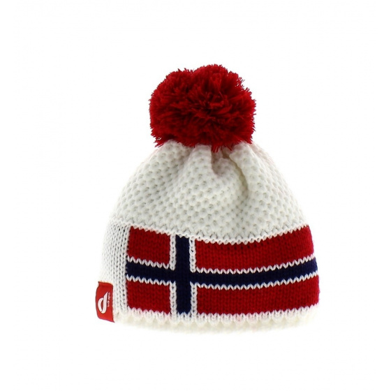 White Norway Beanie Le Drapo Red Pompom