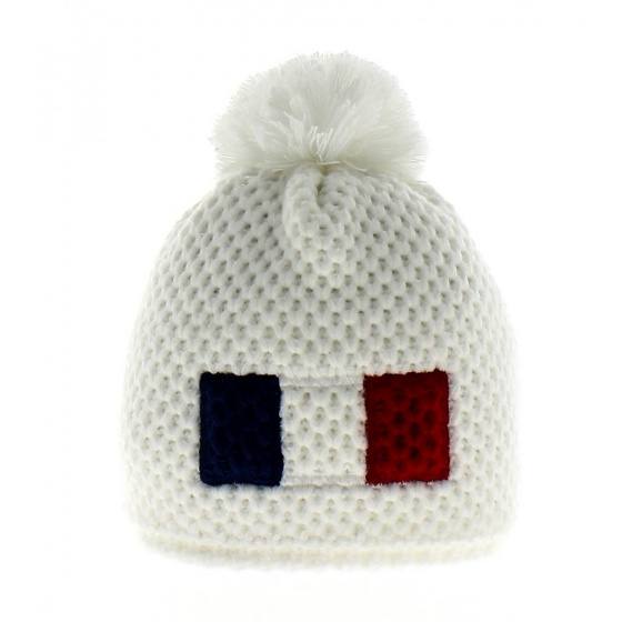 French White Beanie with Pom-Pom Le Drapo France