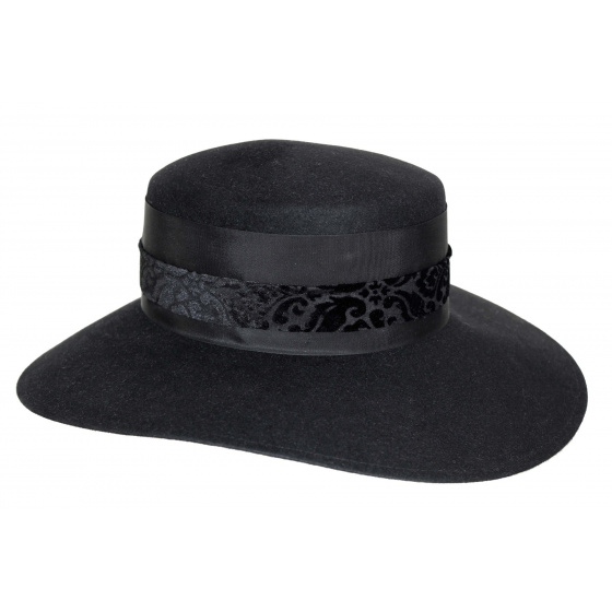 Hermine Black Fur Felt Wide Brim Hat - Mayser