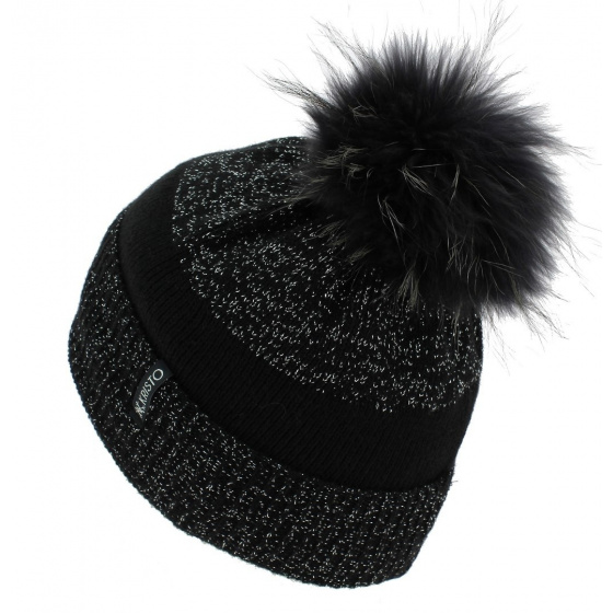 Two-Tone Black Silver Luxy Fur Pompom Beanie - Kristo