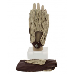 Brown Leather & Cotton Driving Fingerless Gloves - Glove Story