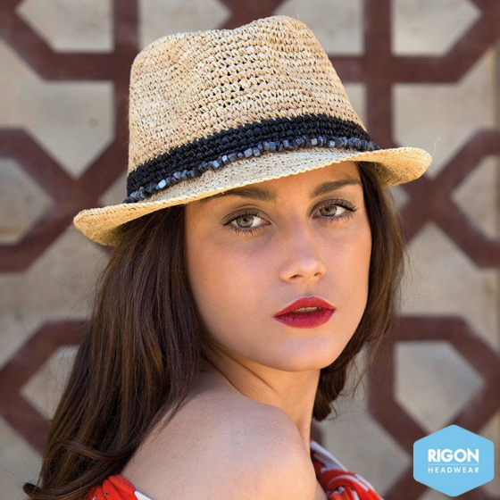 Castaway Raffia Straw Trilby Hat Natural/Black - Rigon Headwear