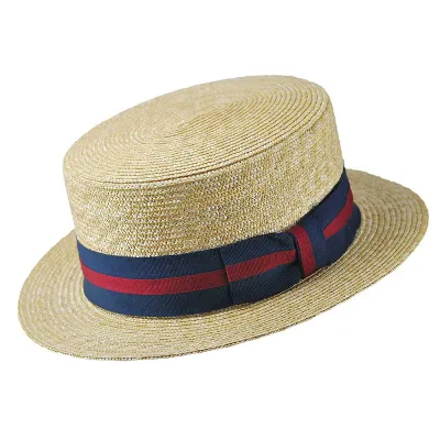 chapeau canotier classique ruban fantaisie bleu et rouge