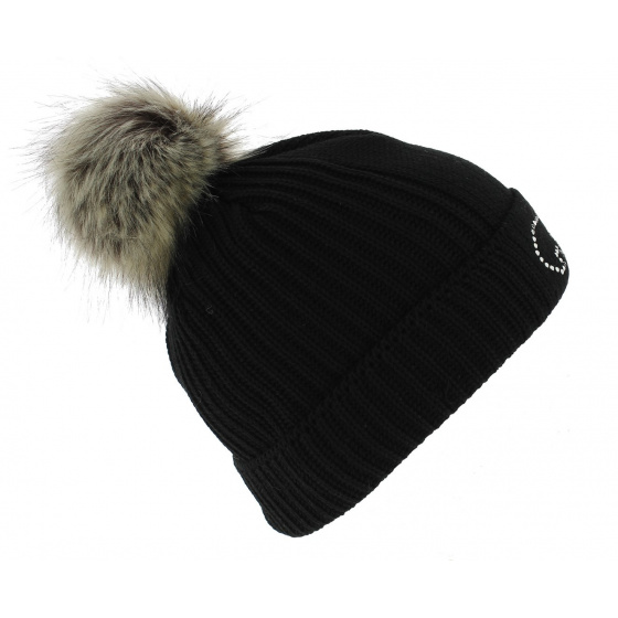 Angel Wool Pompom Beanie Black - Eisbär