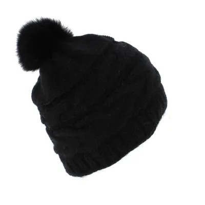 Black Foxy Beanie - Buy sell beanie - Traclet - Wool and Acrylic with Fox Fur Pom-Pom Reference: 7645 | Traclet Hat Shop