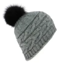 Bonnet Foxy Taupe-Achat vente bonnet-Traclet-en Laine et Acrylique Pompon fourrure de renard Reference : 8570 | Chapellerie Trac
