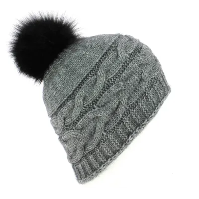 Bonnet Foxy Taupe-Achat vente bonnet-Traclet-en Laine et Acrylique Pompon fourrure de renard Reference : 8570 | Chapellerie Trac