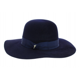 Lyne Wide Brim Hat in Navy Blue Rabbit Felt - Fléchet