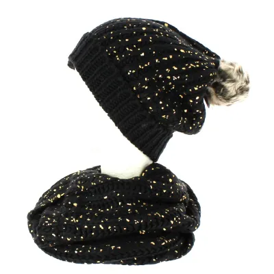 Black pompom beanie and snood with gold glitter TRACLET Reference: 8666 | Traclet Hat Shop