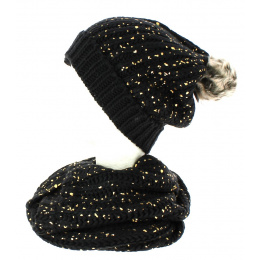 TRACLET black gold sequined pompon beanie and snood