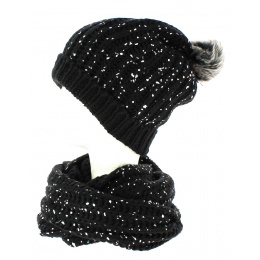 Black beanie with pompom and silver glitter snood TRACLET