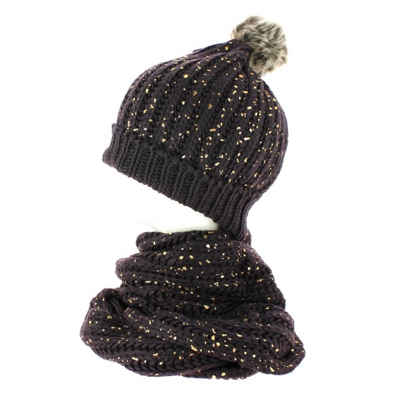 Brown glittery pom-pom beanie and snood TRACLET