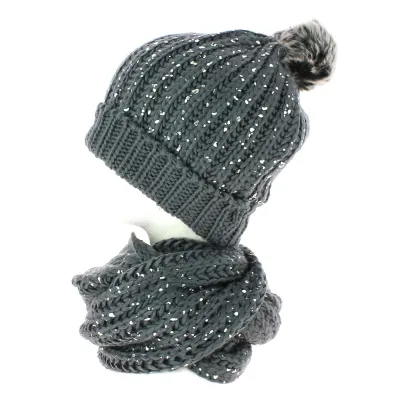 Ensemble Bonnet pompon et snood gris pailleté TRACLET Reference : 8669 | Chapellerie Traclet