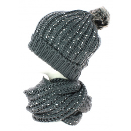 Grey sequined TRACLET pompon beanie and snood