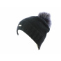 Black/Grey Pompom and Fur Beanie - Fléchet