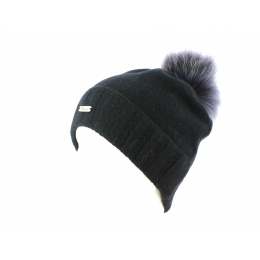 Black/Gray-Fur Pompon Hat 