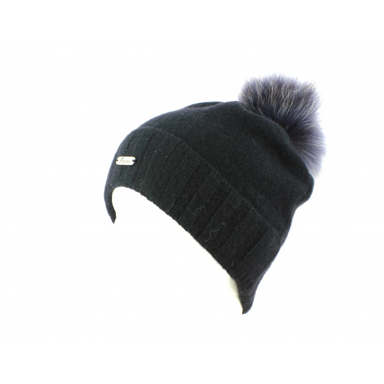 Black/Grey Pompom and Fur Beanie - Fléchet