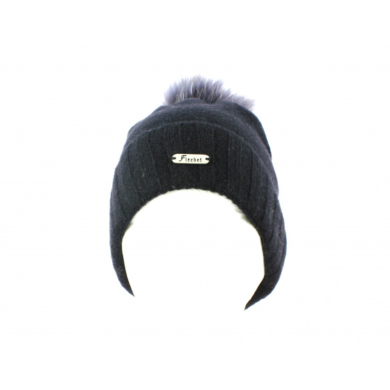 Bonnet à Pompon et Fourrure Noir/Gris-Fléchet 