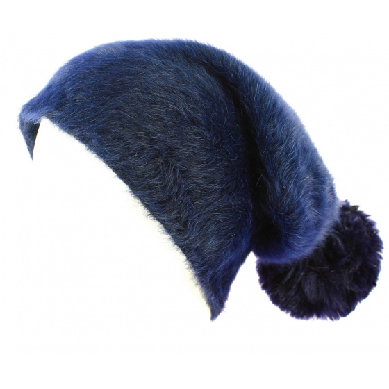 Bonnet Long Venice Angora Bleu Marine à Pompon- Traclet 