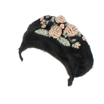 Black Angora Fiori Beret with Flowers - Traclet Reference: 8858 | Chapellerie Traclet