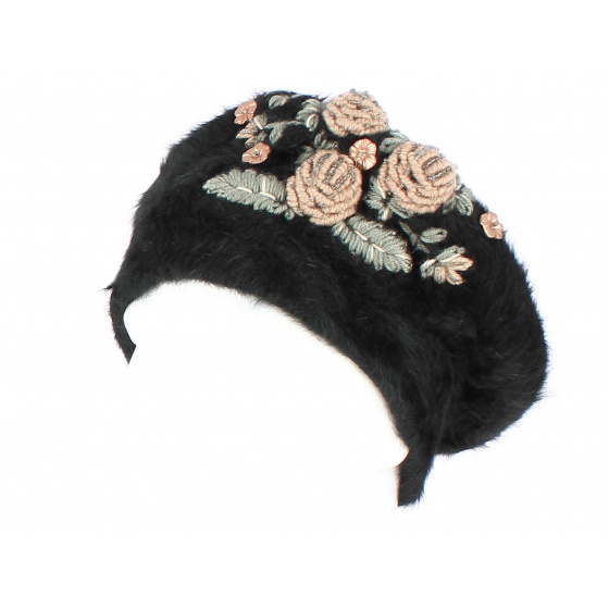 Black Angora Fiori Beret with Flowers-Traclet