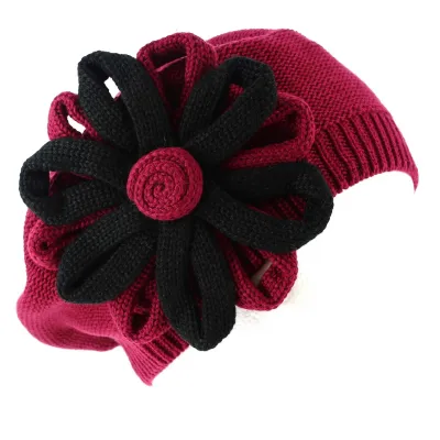 Irma Cotton Beret with Burgundy Flower - BeBeret Reference: 9028 | Traclet Hat Shop