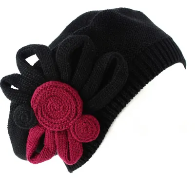 Béret Leïla Coton Fleur Noir & Bordeaux- BeBeret Reference : 9032 | Chapellerie Traclet