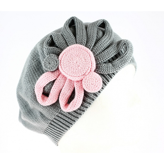 Leïla Cotton Flower Gray & Pink Beret - BeBeret